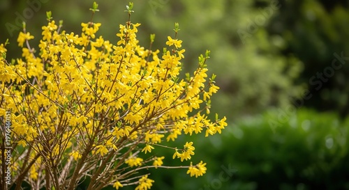 A lush green shrub showcasing bright yellow blossoms on slender brown branches under soft natural light in a beautiful outdoor garden, brown, petals, blooming