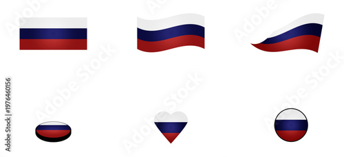 Conjunto de iconos de la bandera de Rusia. Símbolo con forma de corazón, boton y circular. Ilustración para sitio web, app, folleto, diseño grafico, uso personal, locación, ubicación y otros.