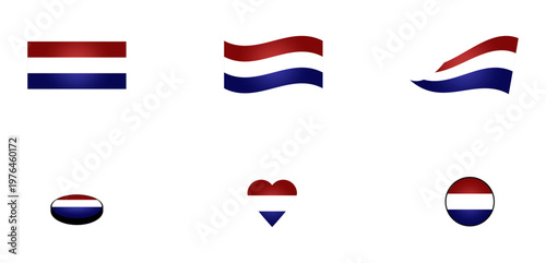 Conjunto de iconos de la bandera de Países Bajos. Símbolo con forma de corazón, botón y circular. Ilustración para sitio web, app, folleto, diseño grafico, uso personal, locación, ubicación y otros.