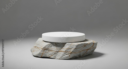 A minimalist white stone pedestal stands elegantly upon a jagged natural rock base against a neutral studio backdrop for product display, light, shadow, construction