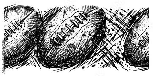 American football balls flying with action lines and splatters in detailed vintage etching style