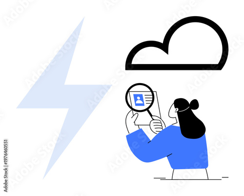 Cloud computing concept. Woman analyzing user data with a magnifying glass connected to technology and cloud computing. Cloud computing drives data storage, analytics, and innovation. Ideal for IT