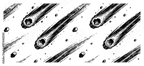 Meteors and comets falling through space with motion trails in vintage etching style