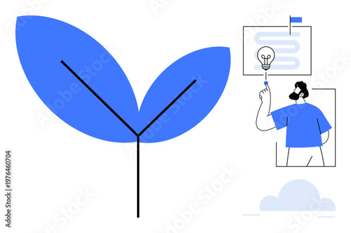 Sustainability, innovation, education, environmental initiatives, creative thinking, green technology, presentations. A blue leaf and a person pointing to a lightbulb diagram. Sustainability