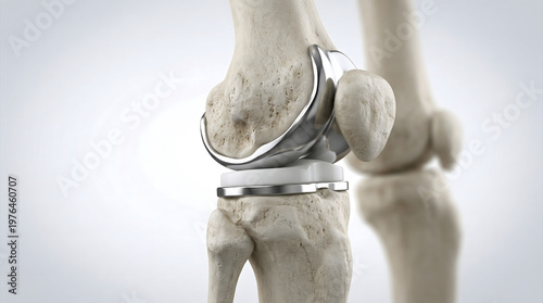 human knee joint replacement surgery concept with metal and plastic prosthetic implant on leg bones for orthopedic treatment of arthritis and chronic pain relief medical 3d render