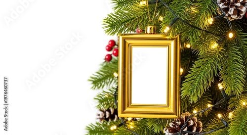 A polished golden picture frame ornament hangs from a green pine branch, surrounded by glowing warm lights and festive holiday decorations, ornate, yellow, photo