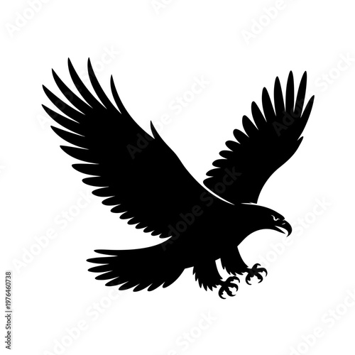 Black Silhouette Of Eagle Flying On White Background