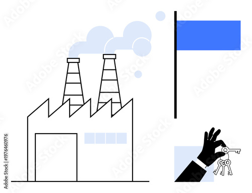 Industrial development, ownership transfer, business management, sustainability, industry growth, corporate operations. Factory emitting smoke, blue flag hand with keys. Ownership transfer