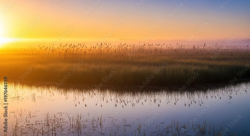 Fototapeta premium A serene view of a lush fen wetland at dawn with golden light reflecting on calm water, tall reeds swaying, and a mist over the marsh, natural, light, reflection