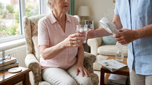 elderly woman receiving glass of ice water and portable handheld cooling fan from caregiver at home during summer heatwave for hydration and relief from high temperatures
