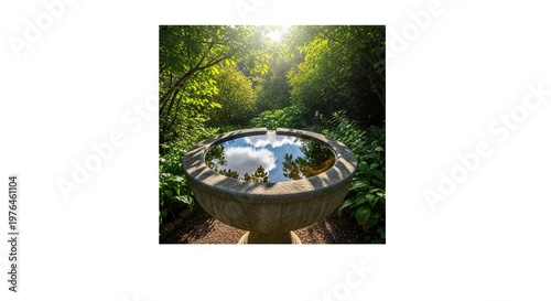 A serene stone basin reflects the sky while tucked away in a verdant garden oasis where dappled sunlight filters through the soft canopy, oasis, greenery, flora