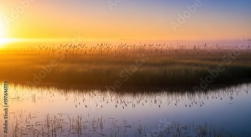 A serene view of a lush fen wetland at dawn with golden light reflecting on calm water, tall reeds swaying, and a mist over the marsh, natural, light, reflection