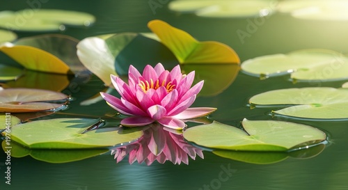 A serene water lily flower floats elegantly on a calm pond, surrounded by lush green lily pads and shimmering reflections on the surface, moisture, serene, calm