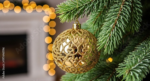 A shimmering gold Christmas ornament hangs gracefully from a lush green pine branch, reflecting warm holiday lights in a cozy room setting, ornament, tradition, background