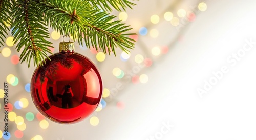 A shimmering red glass ornament hangs gracefully from a lush green pine branch, surrounded by twinkling festive lights in a soft bokeh, december, merry, needle
