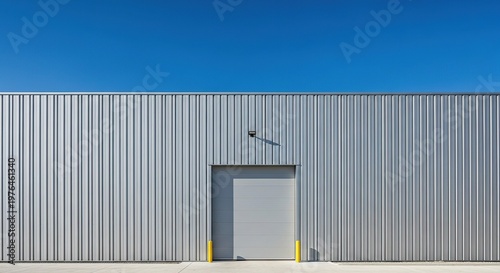 A sleek contemporary warehouse features a gray corrugated metal facade and a single large garage door, showcasing industrial minimalism, architectural, property, warehouse