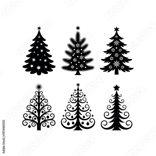 Six black and white christmas trees isolated on white background
