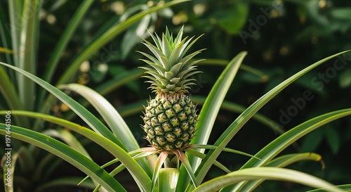A small immature pineapple fruit grows atop spiky green leaves in a lush tropical garden setting with soft natural sunlight and foliage, vibrant, flora, harvest