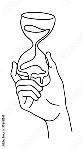 Contour illustration of a hand holding a melting hourglass, symbolic concept of time, fragility, urgency, and the passage of moments in minimalist line style