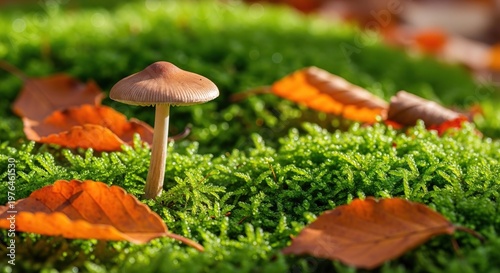 A small wild mushroom grows among lush green moss and fallen orange autumn leaves on the forest floor under soft filtered woodland light, damp, floor, woodland