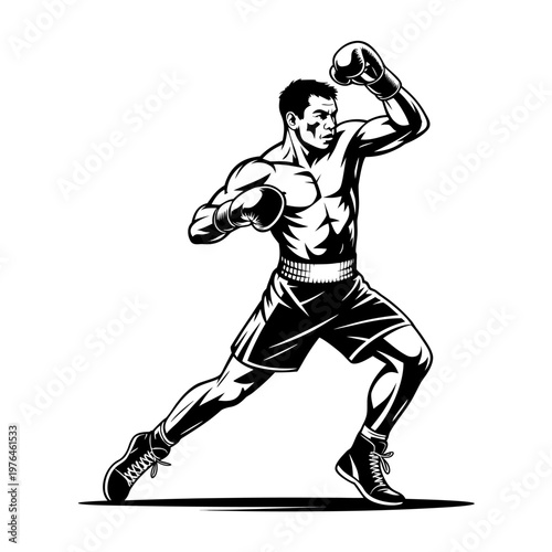 Powerful Boxer in Punching Stance Black and White Illustration