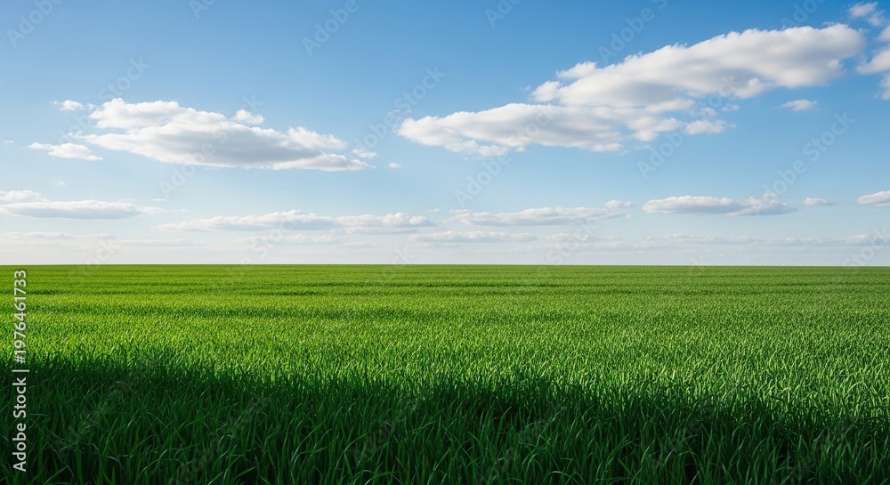 Obraz premium A sprawling emerald green meadow stretches toward the horizon under a bright blue sky filled with soft, white fluffy clouds on a summer day, beautiful, horizon, sunny