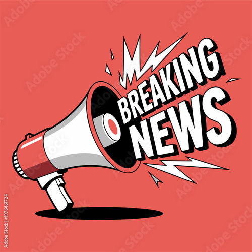 Megaphone Announcing Breaking News On A Red Background