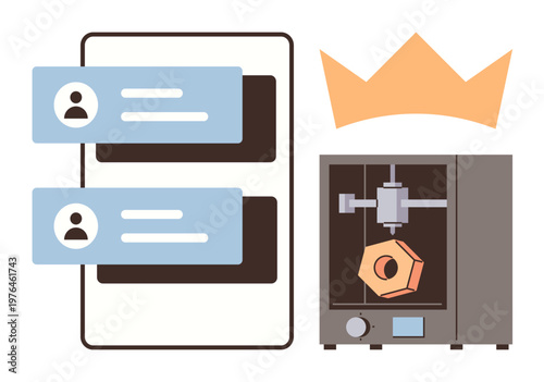 Innovation, technology, manufacturing, digital communication, creativity, user interface. A 3D printer, chat icons and a crown symbol featured. Innovation and technology concepts showcased
