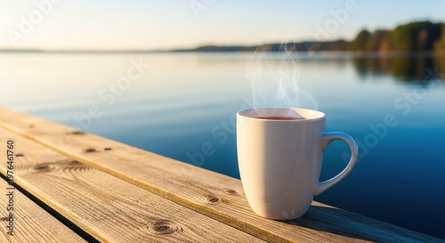 A steaming white ceramic mug filled with tea sits on a rustic wooden pier overlooking a calm blue lake under a soft, golden morning light, water, liquid, hot