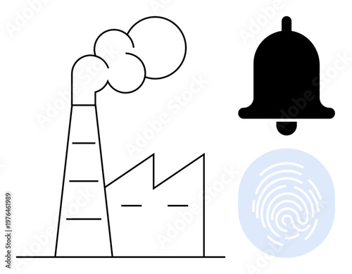 Industrial production, security alerts, digital identity, safety measures, technology concepts, data authentication. Smoke factory, bell and fingerprint. Industrial production and security alerts