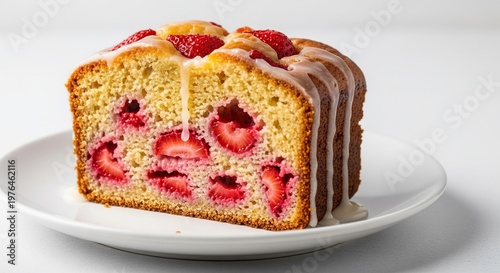 A thick slice of moist strawberry loaf cake sits on a ceramic plate, featuring fresh fruit bits, golden crust, and a sweet glaze topping, food, slice, tabletop
