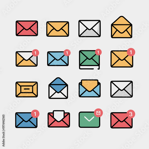 Colorful Email Notification Icons on a White Background