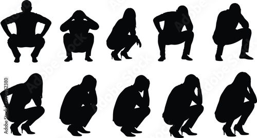 Squatting pose silhouette illustration collection, human outline figure, anatomy motif drawing, posture icon art, design graphic, crouching symbol image