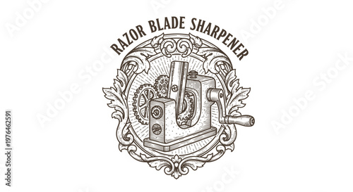 Vintage Razor Blade Sharpener Emblem - Engraved Mechanical Tool Illustration