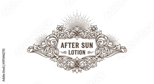 Vintage After Sun Lotion Label, Ornate Engraved Emblem, Retro Design Element