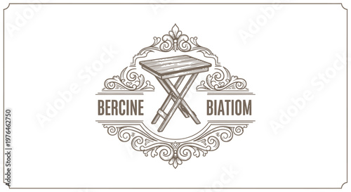 Vintage Engraved Logo with Folding Stool and Ornate Frame
