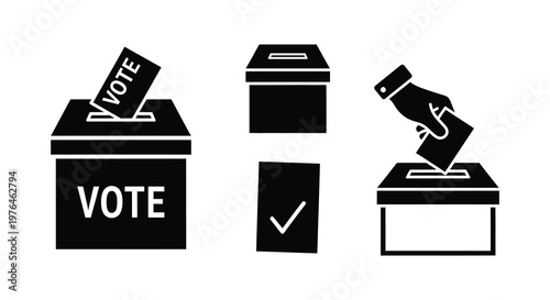 Voting process icons including a ballot box and hand silhouette
