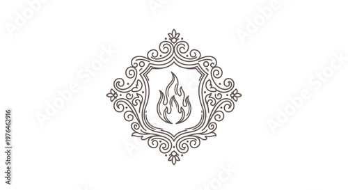 Vintage Engraved Flame Crest Emblem with Ornate Swirls