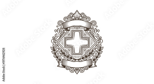 Vintage Engraved Medical Cross Emblem with Ribbons and Laurel Wreath