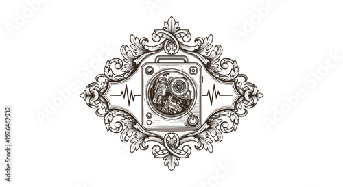 Vintage Gramophone Music Emblem with Heartbeat Line - Retro Audio