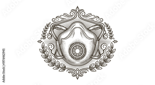 Vintage Engraved Respirator Mask Emblem with Laurel Wreath