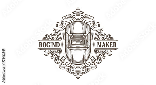 Vintage Engraved Welder Mask Emblem - Retro Artisan Craftsmanship Logo
