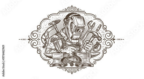Blacksmith Welder Vintage Engraved Emblem with Tools and Anvil