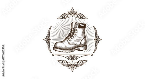 Vintage Engraved Boot Emblem - Retro Work Shoe Illustration