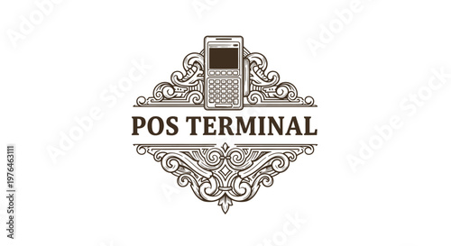 Vintage POS Terminal Logo Design with Ornate Scrollwork