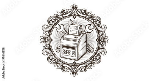 Vintage Engraved Receipt Printer Emblem with Wrench and Card