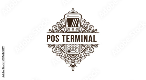 Vintage POS Terminal Logo with Engraved Ornate Frame and Mobile Device