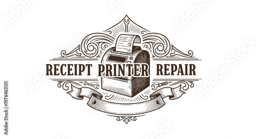 Vintage Receipt Printer Repair Logo with Ornate Swirls and Banner