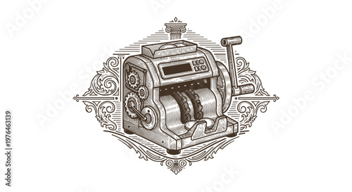 Vintage Engraved Cash Register with Ornate Border
