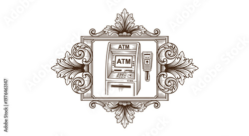 Vintage ATM Machine Engraved Illustration with Ornate Frame
